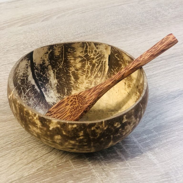 Steinzeit Set Müslischale und Löffel aus Kokosnuss