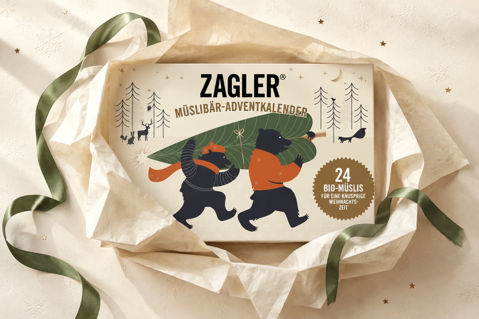 MÜSLIBÄR Adventskalender festlich verpackt mit grünem Satinband